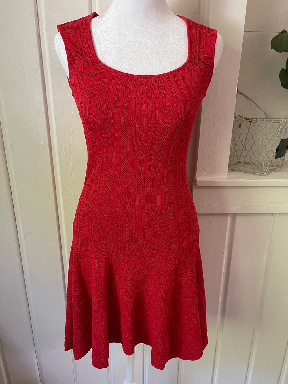 RVN Red Geometric Jacquard Knit Fit & Flare Dress Small Made USA